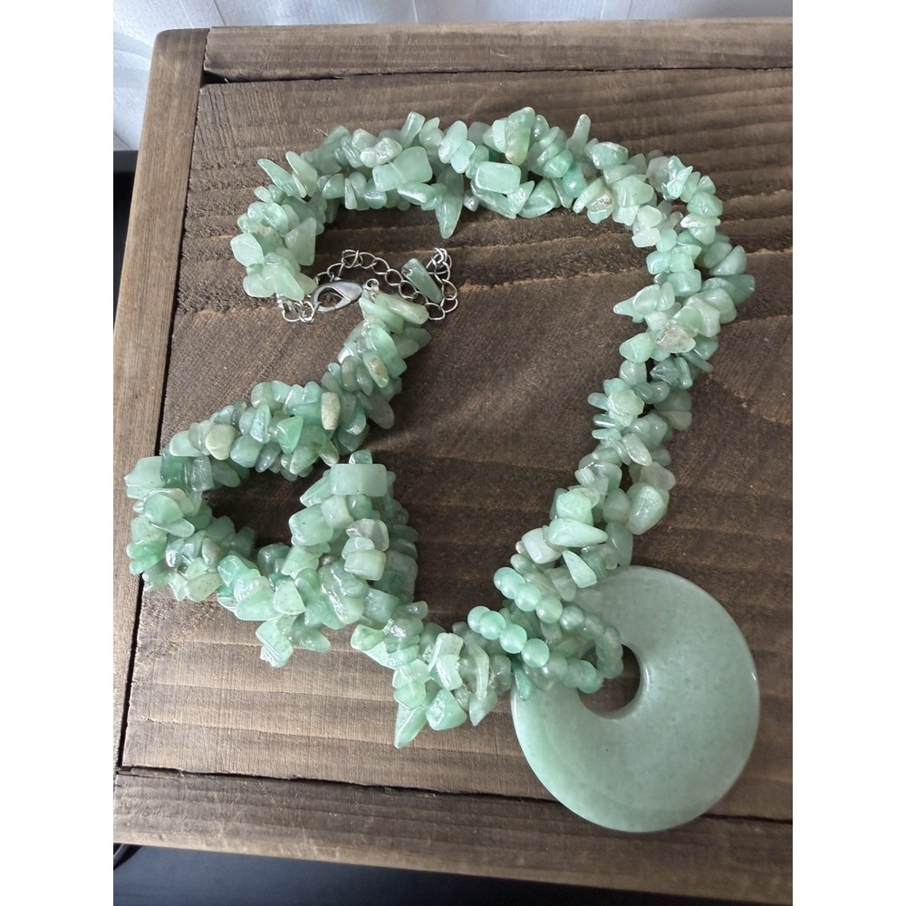 Multi Strand Aventurine Chip Necklace W/Large Round Pendant Adjustable 14"-19"